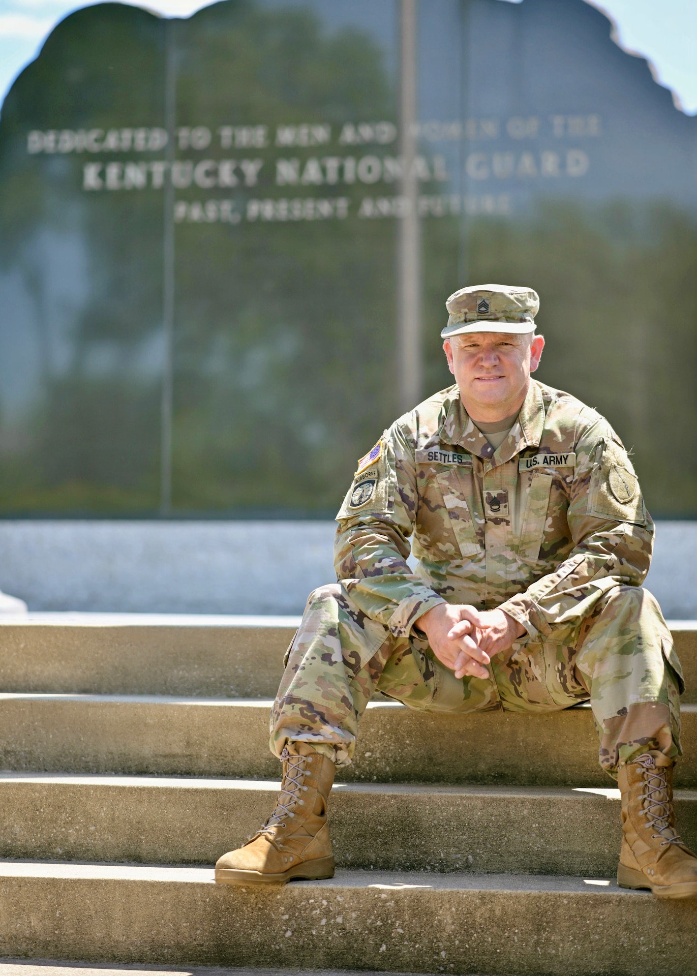 Sgt. 1st Class Joshua Settles poses for a portrait at Boone National Guard Center in Frankfort, Kentucky, June 26, 2026. Settles retired from the Kentucky Army National Guard after 29 years of service.