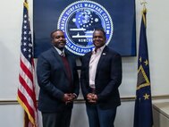 Deputy Senior Competency Manager of Production Innovation and Materiel Readiness Engineering at Naval Information Warfare Center Atlantic, Kenric W. “Rick” Johnson (left) visits NSWCPD to shadow Technical Director, Nigel C. Thijs, SES, as part of the Department of the Navy’s Bridging the Gap Leadership Development Program. (U.S. Navy photo by Margaret A. Kenyon)