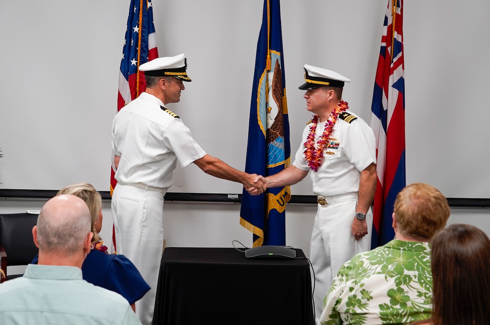 Lt. Cmdr. Michael Johnson relieved Cmdr. Nathan Battle as NUWC Division, Keyport Detachment Pacific’s new officer in charge during a Change of Charge ceremony at the Navy Lodge on Ford Island, July 10. NUWC Division, Keyport Commanding Officer Capt. Brandon Monaghan served as presiding officer speaker.