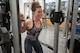 Jill Cangealose, personal trainer, performs a squat at the Mcadoo Fitness center on Minot Air Force Base, North Dakota, June 10, 2026. Jill led fitness classes that reached hundreds of Airmen spouses and community members.