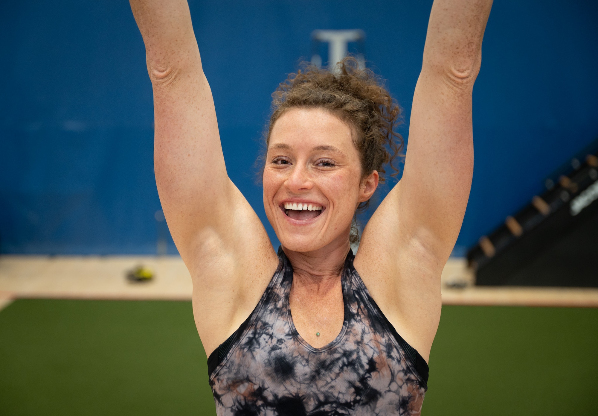 Jill Cangealose, personal trainer, performs a pull-up at Minot Air Force Base, North Dakota, June 10, 2026. Jill helped Airmen improve strength, mobility, nutrition and overall fitness to support mission readiness.