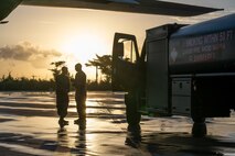 U.S. Airmen conduct refueling operations on a C-130J Super Hercules at Saipan International Airport, Northern Mariana Islands, June 29, 2026, in support of VALIANT SHIELD 2026. Exercises like VALIANT SHIELD allow Pacific Command Joint Forces the opportunity to integrate forces from all branches of service and with our allies to conduct precise, lethal and overwhelming multi-axis, multi-domain effects that demonstrate the strength and versatility of the joint force and our commitment to a free and open Indo-Pacific. (U.S. Air Force photo by Airman 1st Class Caleb Schellenberg)