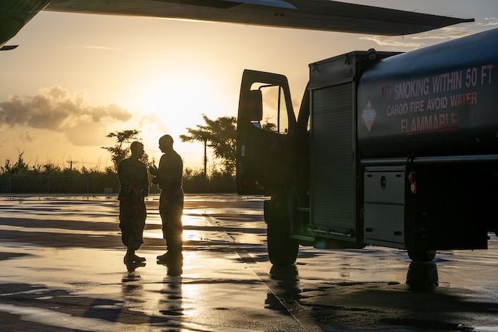 U.S. Airmen conduct refueling operations on a C-130J Super Hercules at Saipan International Airport, Northern Mariana Islands, June 29, 2026, in support of VALIANT SHIELD 2026. Exercises like VALIANT SHIELD allow Pacific Command Joint Forces the opportunity to integrate forces from all branches of service and with our allies to conduct precise, lethal and overwhelming multi-axis, multi-domain effects that demonstrate the strength and versatility of the joint force and our commitment to a free and open Indo-Pacific. (U.S. Air Force photo by Airman 1st Class Caleb Schellenberg)