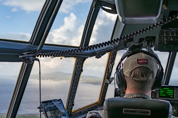 U.S. Air Force Capt. Jonah Mehrer, 39th Airlift Squadron pilot, prepares to land on the runway at the Saipan International Airport, Northern Mariana Islands, June 29, 2026, in support of VALIANT SHIELD 2026. Exercises like VALIANT SHIELD allow Pacific Command Joint Forces the opportunity to integrate forces from all branches of service and with our allies to conduct precise, lethal and overwhelming multi-axis, multi-domain effects that demonstrate the strength and versatility of the joint force and our commitment to a free and open Indo-Pacific. (U.S. Air Force photo by Airman 1st Class Caleb Schellenberg)