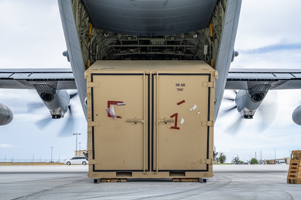 Cargo is offloaded from a C-130J Super Hercules during combat offload Method C training at Anderson Air Force Base, Guam, June 24, 2026, in support of VALIANT SHIELD 2026. Exercises like VALIANT SHIELD allow Pacific Command Joint Forces the opportunity to integrate forces from all branches of service and with our allies to conduct precise, lethal and overwhelming multi-axis, multi-domain effects that demonstrate the strength and versatility of the joint force and our commitment to a free and open Indo-Pacific. (U.S. Air Force photo by Airman 1st Class Caleb Schellenberg)