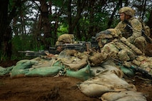 Soldiers assigned to Bravo Company, 4th Battalion, 23rd Infantry Regiment establish a support-by-fire position during platoon live fire exercises at Rodriguez live fire complex in South Korea, July 8, 2026.