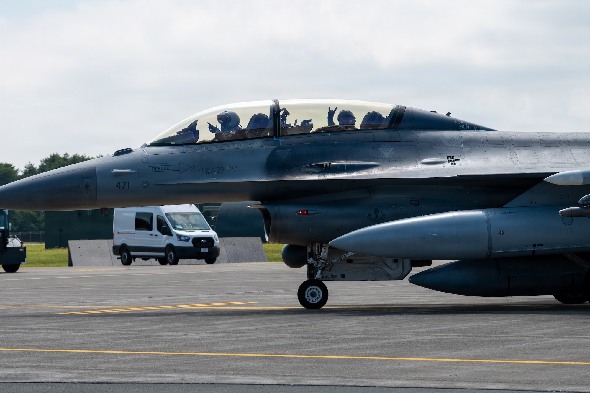 U.S. Air Force Col. Paul “Voodoo” Davidson, 35th Fighter Wing commander, front, and Japan Air Self-Defense Force (JASDF) Maj. Gen. Teru “Beacon” Tomikawa, 3rd Air Wing commander, taxi an F-16 Fighting Falcon before a familiarization flight at Misawa Air Base, Japan, June 30, 2026