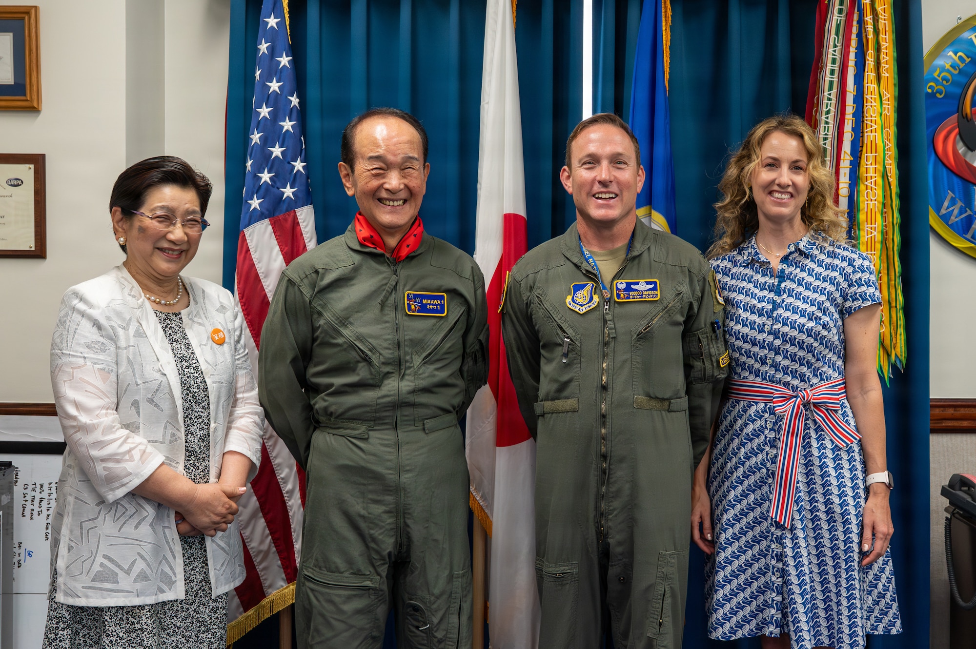 Misawa City Mayor Yoshinori Kohiyama and his wife, Junko Kohiyama, pose for a photo with U.S. Air Force Col. Paul Davidson, 35th Fighter Wing commander, and his wife, Megan Davidson, during a Wing Commander for a Day at Misawa Air Base, Japan, July 1, 2026