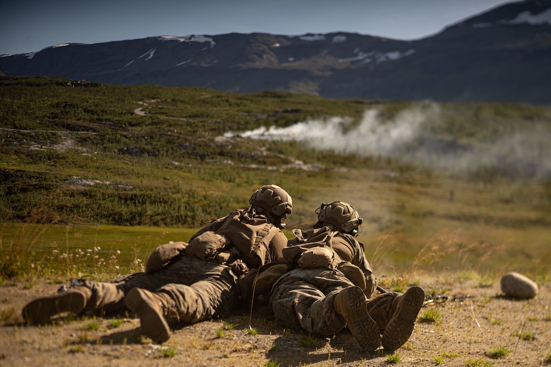 U.S. Marines with the Battalion Landing Team 1/6, 26th Marine Expeditionary Unit (Special Operations Capable) (MEU(SOC)) Bravo Command Element, and Italian Marines San Marco Brigade, participate in an integrated live-fire range as part of a Norwegian Bilateral Exercise in Setermoen, Norway, Aug. 9, 2023. The San Antonio-class amphibious transport dock ship USS Mesa Verde (LPD 19), assigned to the Bataan Amphibious Ready Group and embarked 26th MEU(SOC), under the command and control of Task Force 61/2, is on a scheduled deployment in the U.S. Naval Forces Europe area of operations, employed by U.S. Sixth Fleet to defend U.S., allied and partner interests. (U.S. Marine Corps photo by Cpl. Michele Clarke)