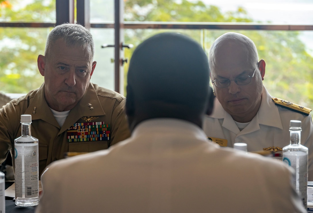 U.S. Marine Corps Maj. Gen. Robert B. Sofge Jr., commander, U.S. Marine Corps Forces Europe and Africa, left, Kenya Navy Brig. Gen. John Sankale Kiswaa, deputy commander of the Kenya Navy, center, and U.S. Navy Rear Adm. Michael S. Mattis, commander, Command Task Force 66, attend a bilateral engagement in Pointe aux Piments, Mauritius, June 26, 2025. The African Maritime Forces Summit is a summit that seeks to bring together senior leaders from African maritime forces, naval infantries, and militaries, alongside international partners, to address critical maritime security challenges facing the African continent. (U.S. Marine Corps photo by Sgt. Addysyn Tobar)