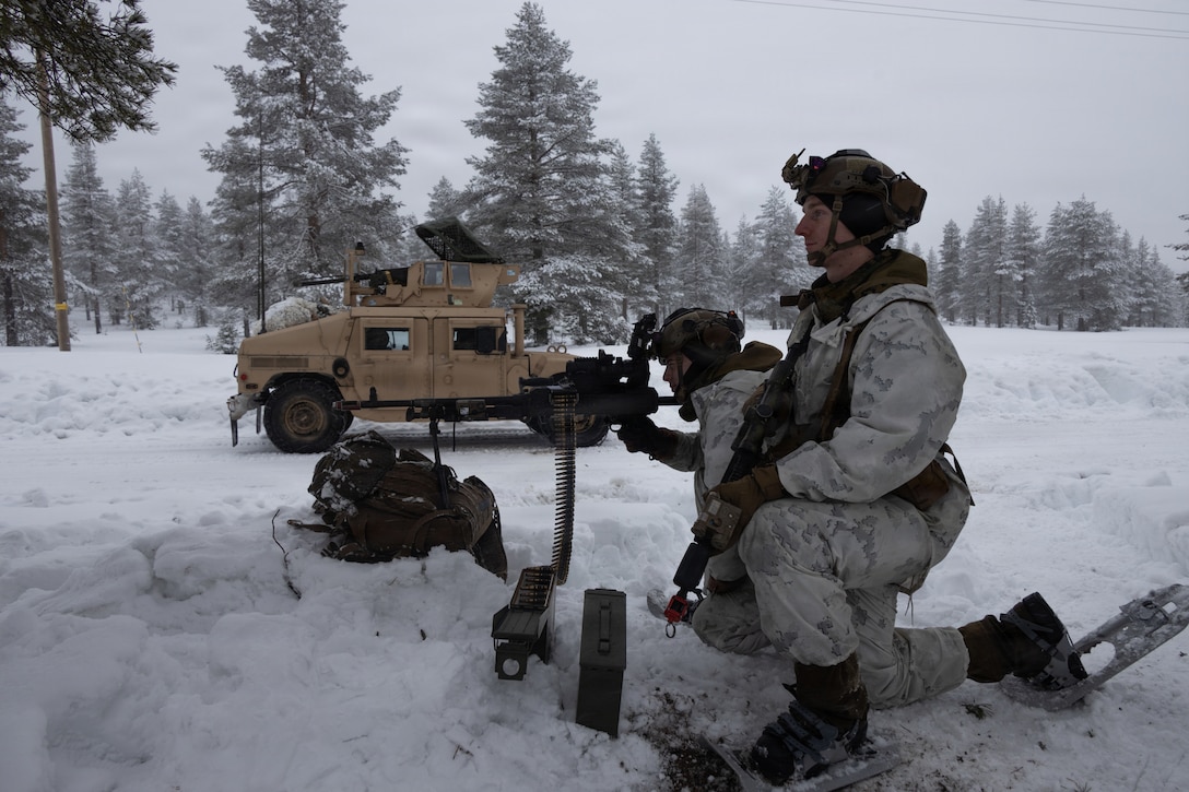 U.S. Marines with Combat Logistics Battalion 6, Combat Logistics Regiment 2, 2nd Marine Logistics Group and 2nd Battalion, 6th Marine Regiment, 2nd Marine Division, maintain defensive positions in Kamijarvi, Finland, March 16, 2026. During exercise Cold Response 26, CLB-6 provided combat service support to 2nd Bn., 6th Marines, 2nd MARDIV, including logistical resupplies and motorized heavy weapon support. This event marks one of the first times U.S. Marines have conducted this type of integrated infantry training with their Finnish counterparts since Finland joined the NATO Alliance. A key component of NATO's enhanced vigilance activity Arctic Sentry, exercise Cold Response 26 is a Norwegian-led winter military exercise designed to enhance collective defense capabilities and ensure U.S. readiness to rapidly deploy and seamlessly operate alongside NATO Allies in challenging arctic conditions. (U.S. Marine Corps photo by Cpl. Apollo Wilson)