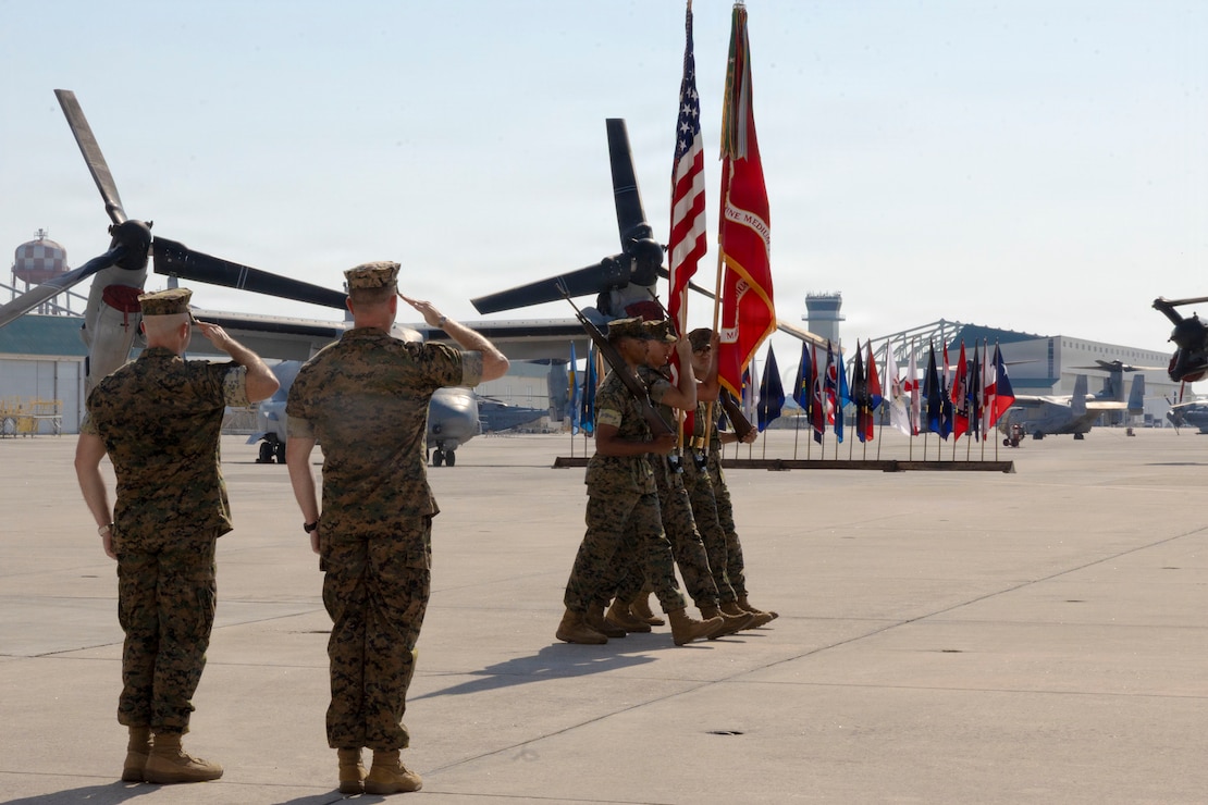 U.S. Marine Corps Lt. Col. Terry Carter, left, from Virginia, off-going commanding officer of Marine Medium Tiltrotor Squadron (VMM) 263, Marine Aircraft Group 26, 2nd Marine Aircraft Wing, and Lt. Col. Charles Randolph, from Virginia, incoming commanding officer, render a salute during a change of command ceremony at Marine Corps Air Station New River, North Carolina, July 9, 2026. The ceremony represented a transfer of authority, accountability and leadership from Carter to Randolph. (U.S. Marine Corps photo by Lance Cpl. Bryan Giraldo)