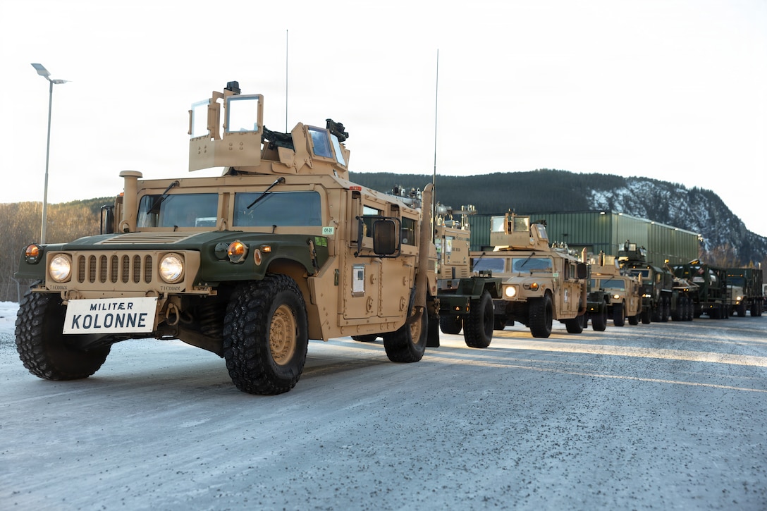 U.S. Marines with 2nd Distribution Support Battalion, Combat Logistics Regiment 27, 2nd Marine Logistics Group, conduct a tactical convoy in preparation for exercise Cold Response 26 in Tromsdalen, Norway, Jan. 22, 2026. The Marine Corps Pre-positioning Program-Norway, managed by Blount Island Command, enables the rapid outfitting of a deployed Marine Air-Ground Task Force by storing ready-to-use equipment in climate-controlled caves. Exercise Cold Response 26 is a Norwegian-led winter military exercise designed to enhance collective defense capabilities and ensure U.S. readiness to rapidly deploy and seamlessly operate alongside NATO Allies in challenging arctic conditions. (U.S. Marine Corps photo by Lance Cpl. Franco Lewis)