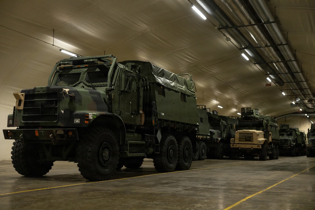 U.S. Marine Corps tactical vehicles are staged in preparation for exercise Cold Response 26 in Tromsdalen, Norway, Jan. 22, 2026. The Marine Corps Pre-positioning Program-Norway, managed by Blount Island Command, enables the rapid outfitting of a deployed Marine Air-Ground Task Force by storing ready-to-use equipment in climate-controlled caves. Exercise Cold Response 26 is a Norwegian-led winter military exercise designed to enhance collective defense capabilities and ensure U.S. readiness to rapidly deploy and seamlessly operate alongside NATO Allies in challenging arctic conditions. (U.S. Marine Corps photo by Lance Cpl. Franco Lewis)