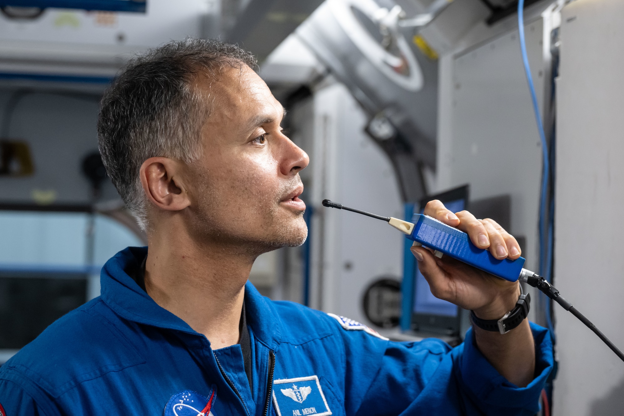 U.S. Space Force Col. Anil Menon participates in 75S Emergency Scene Training with his fellow Expedition 75 crewmembers.