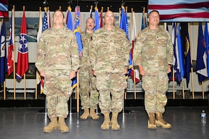 (Left) Air Force Operational Test and Evaluation Center Commander Brig. Gen. Jesse J. Friedel stands beside Col. Kevin M. Madrigal, departing AFOTEC Detachment 2 Commander, and Lt. Col. Michael Lopez, incoming AFOTEC Detachment 2 Commander during the July 9, 2026 Change of Command ceremony at Eglin AFB, Fla.