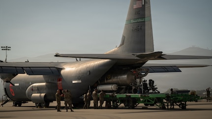 California Air National Guard personnel assigned to the 146th Airlift Wing load a Modular Airborne Fire Fighting System, or MAFFS, into a C-130J Super Hercules aircraft at Channel Islands Air National Guard Station, Port Hueneme, California, July 9, 2026.