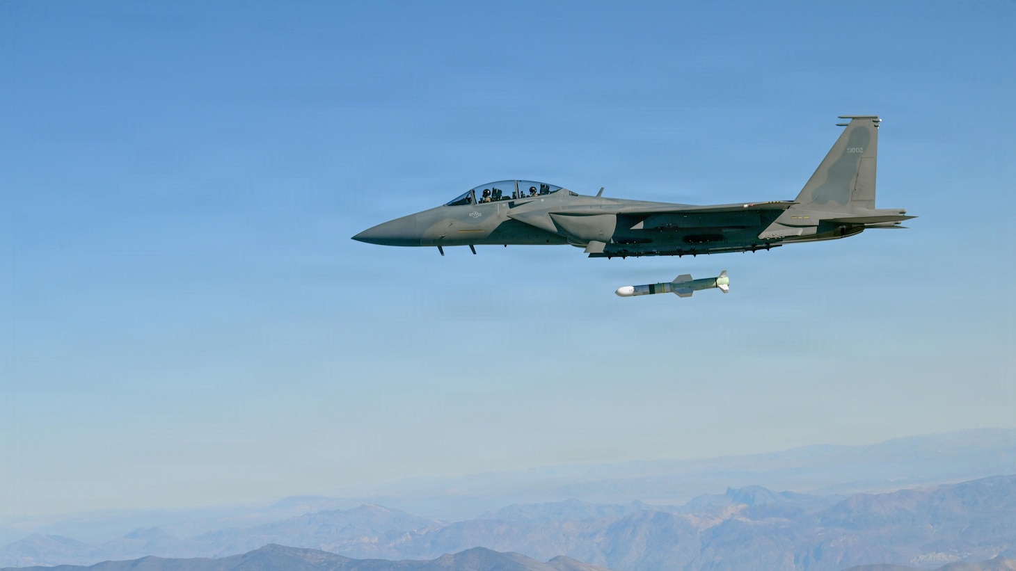 An F-15 launches a Harpoon Block II off the coast of California in January. This was final flight test of the Harpoon Block II Update (HIIU) Obsolescence Update program.