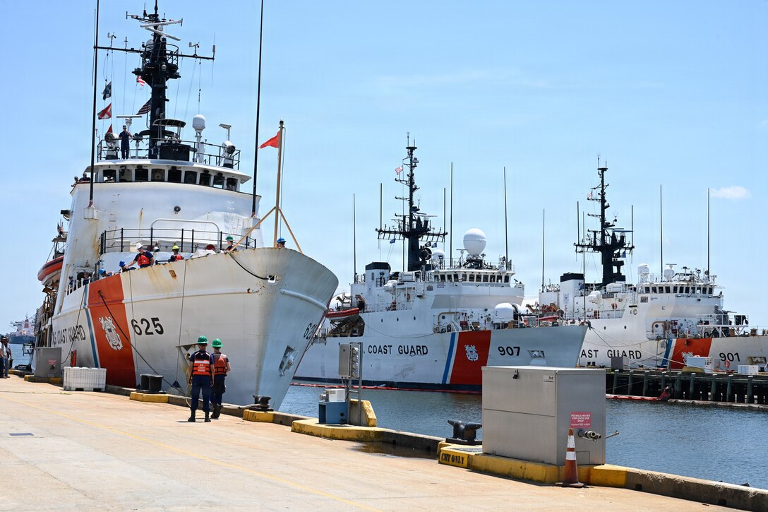 The crew of the Reliance-class medium-endurance cutter USCGC Venturous (WMEC 625) arrives at its new home port at Coast Guard Base Portsmouth, in Portsmouth Virginia, July 10, 2026. Venturous is one of two 210-foot medium endurance cutters relocating from St. Petersburg, Florida, to Base Portsmouth as part of a strategic home port shift bringing approximately 154 personnel and their families to the Hampton Roads area. (U.S. Coast Guard photo by Petty Officer 2nd Class Kate Kilroy)