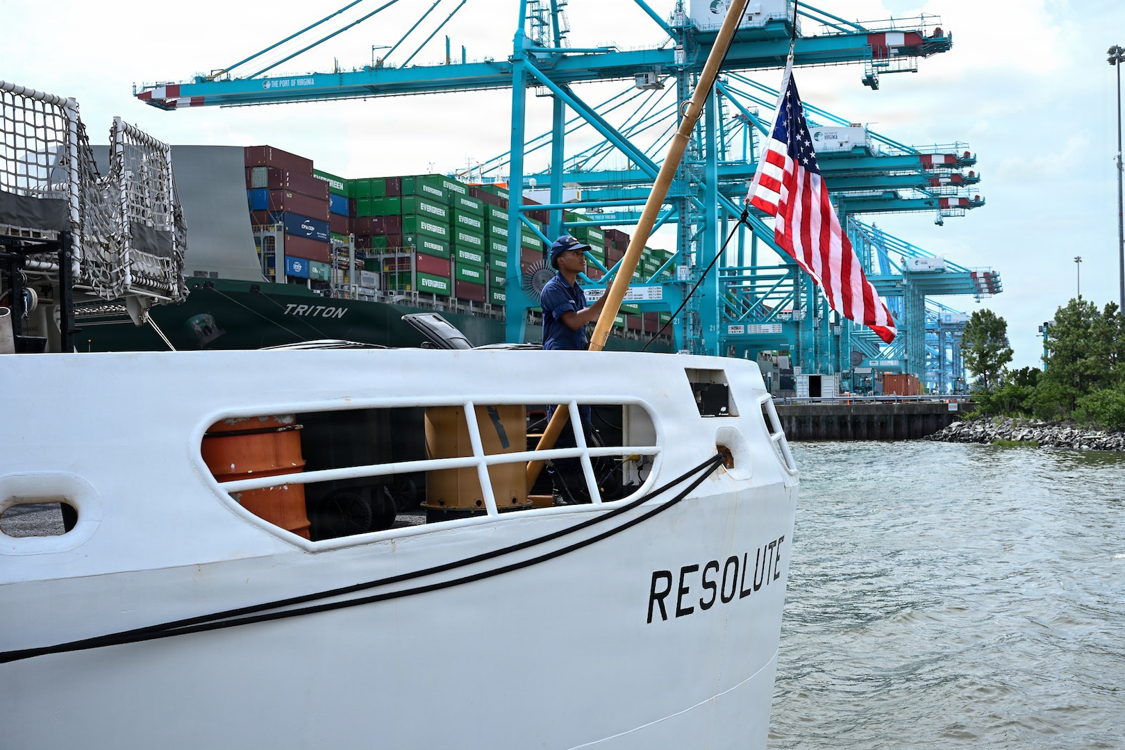 The crew of the Reliance-class medium-endurance cutter USCGC Resolute (WMEC 620) arrives at its new homeport at Coast Guard Base Portsmouth, July 13, 2026. The Resolute is one of two 210-foot  medium endurance cutters relocating from St. Petersburg, Florida, to Base Portsmouth as part of a strategic homeport shift bringing approximately 154 personnel and their families to the Hampton Roads area. (U.S. Coast Guard photo by Petty Officer 2nd Class Kate Kilroy)