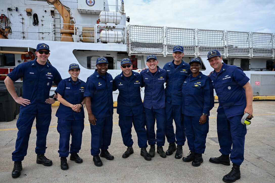 Coast Guard command and crew members of the Reliance-class medium-endurance cutter USCGC Resolute (WMEC 620) are greeted by Base Portsmouth's command and Atlantic Area members following the cutter's arrival at its new homeport, July 13, 2026. The Resolute is one of two 210-foot medium endurance cutters relocating from St. Petersburg, Florida, to Base Portsmouth as part of a strategic homeport shift bringing approximately 154 personnel and their families to the Hampton Roads area. (U.S. Coast Guard photo by Petty Officer 2nd Class Kate Kilroy)