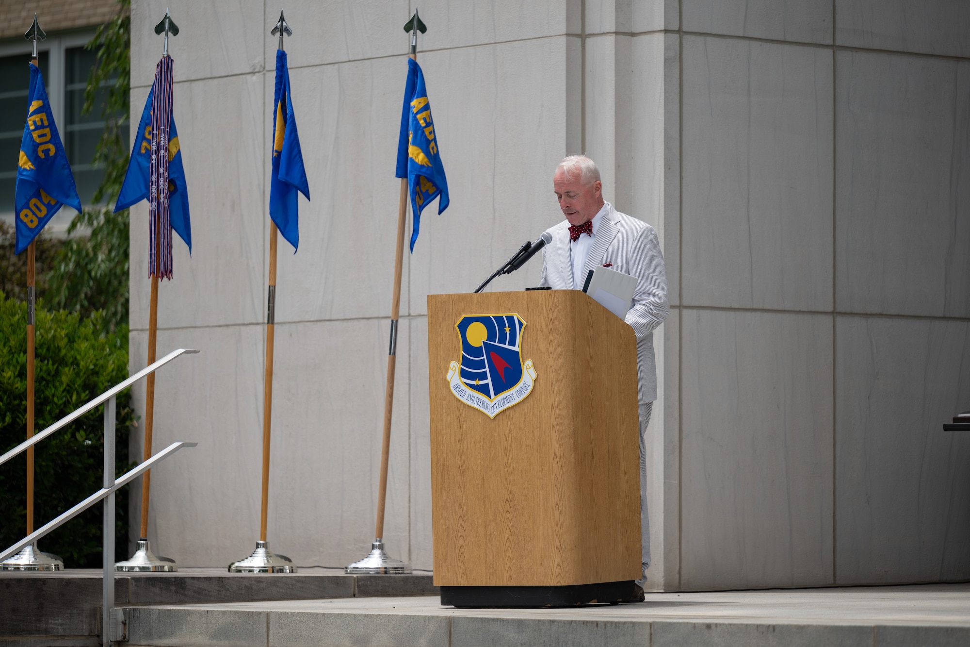 Arnold Engineering Development Complex Historian Ken Sloat discusses the establishment of AEDC prior to the formal rededication of the Complex during the AEDC 75th anniversary open house celebration June 27, 2026, at Arnold Air Force Base, Tenn., headquarters of AEDC. AEDC was originally dedicated by then-President Harry S. Truman on June 25, 1951, in honor of the late Gen. Henry “Hap” Arnold. (U.S. Air Force photo by Keith Thornburgh)