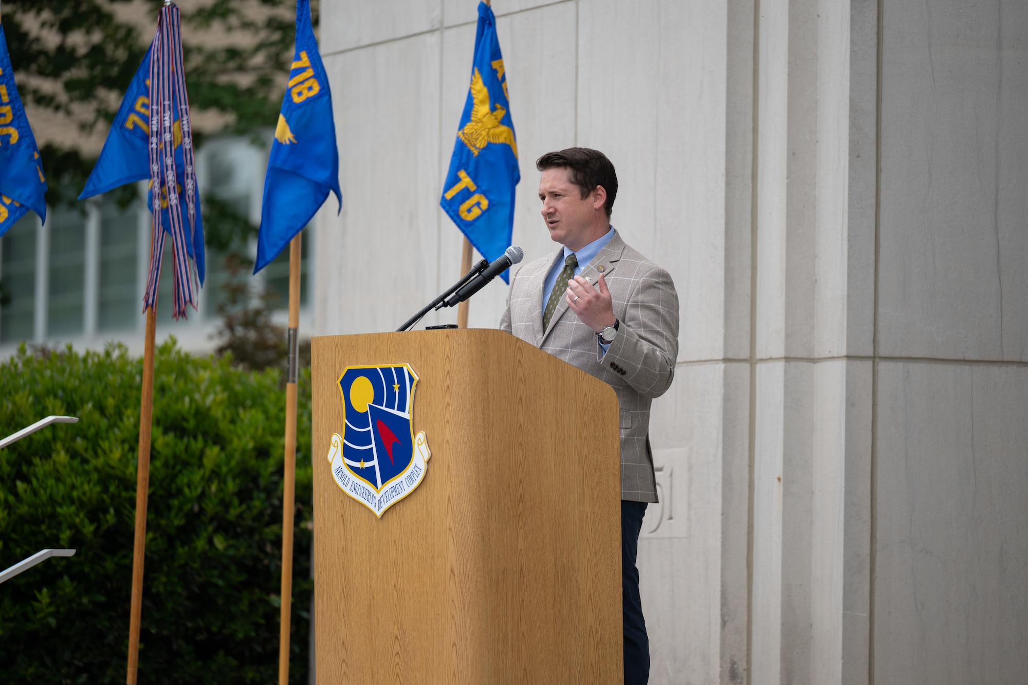 Jay Strobino, field representative for U.S. Sen. Marsha Blackburn, reads a letter from Blackburn congratulating Arnold Engineering Development Complex on reaching its milestone 75th anniversary during the AEDC 75th anniversary open house celebration June 27, 2026, at Arnold Air Force Base, Tenn., headquarters of AEDC. AEDC was originally dedicated by then-President Harry S. Truman on June 25, 1951, in honor of the late Gen. Henry “Hap” Arnold. (U.S. Air Force photo by Keith Thornburgh)