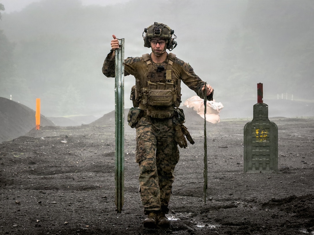 U.S. Marine Corps Sgt. Jaxon McAlister, a combat engineer squad leader with 2nd Battalion, 8th Marine Regiment, forward deployed with 4th Marine Regiment, 3rd Marine Division as part of the Unit Deployment Program, prepares to set up a target on a demolition range during Fuji Viper 26.3, at the Combined Arms Training Center, Camp Fuji, Japan, June 28, 2026. Fuji Viper is an annual exercise that enables Marines operating in Japan to conduct combined arms live-fire training, enhancing operational readiness, tactical proficiency and lethality throughout the first island chain. McAlister is a native of Arkansas. (U.S. Marine Corps photo by Lance Cpl. Oscar Ocampo)