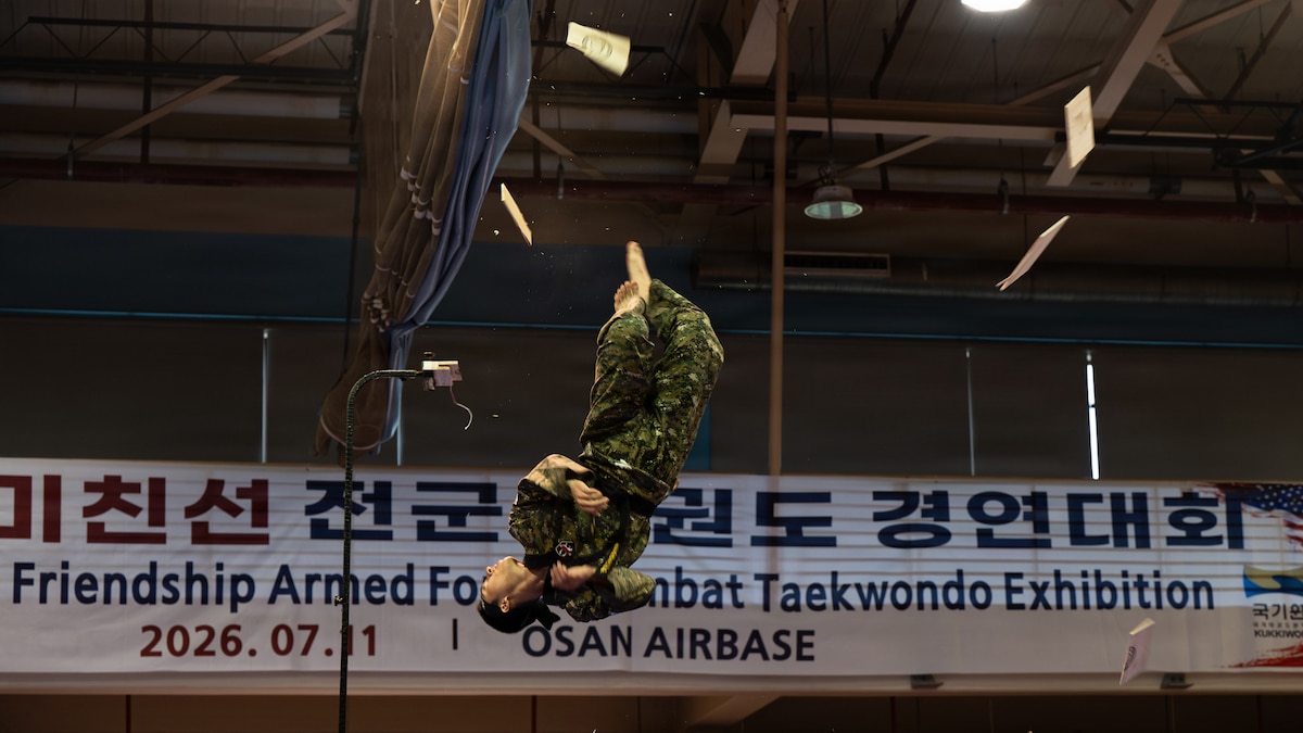 Taekwondo performer kicks a wooden board.