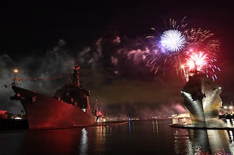 Fireworks illuminate the Japan Maritime Self-Defense Force guided-missile destroyer JS Kongo (DDG 173) during a U.S. Independence Day celebration at Joint Base Pearl Harbor-Hickam, Hawaii, July 4, 2026.
