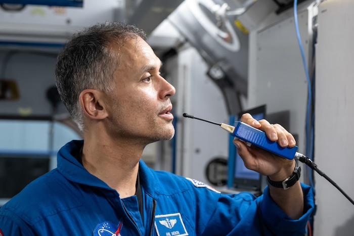 U.S. Space Force Col. Anil Menon participates in 75S Emergency Scene Training with his fellow Expedition 75 crewmembers in Washington, D.C., March 03, 2025. Menon is serving as a flight engineer aboard the ISS during his first mission to space. (U.S. Space Force photo by Josh Valcarcel)