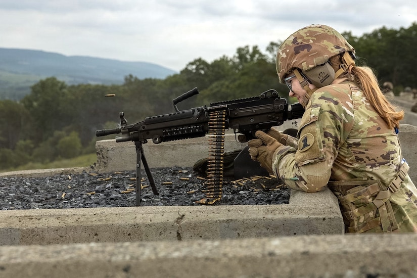A Soldier assigned to the Delaware National Guard's 1049th Transportation Company fires an M249 Squad Automatic Weapon July 10, 2026, at Fort Indiantown Gap, Pennsylvania. This range now includes a quadcopter and fixed-wing live-fire concept that allows users to engage drones with M249 or M240B machine guns. (U.S. Army Photo by Pfc. Austin Duplessie)