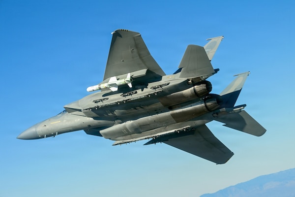 An F-15 carries a Harpoon Block II during a test Jan. 16 off the coast of California.