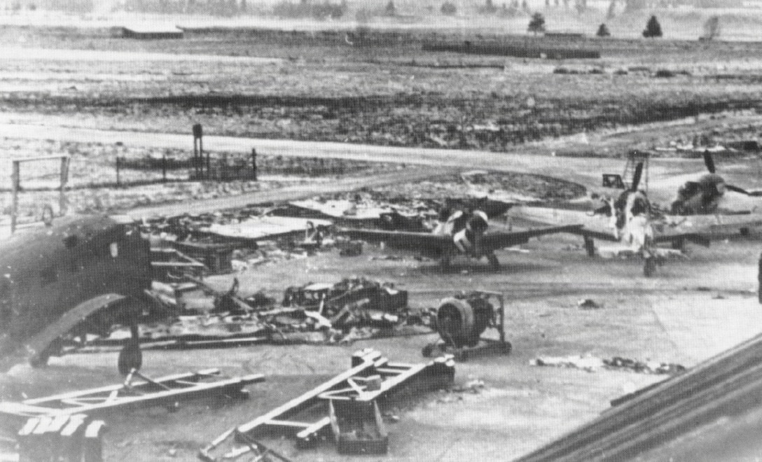 German photo of the damage at Kjeller Airfield in Norway after the bombing ran by the 392nd Bomb Group, 8th Air Force. (Courtesy photo)