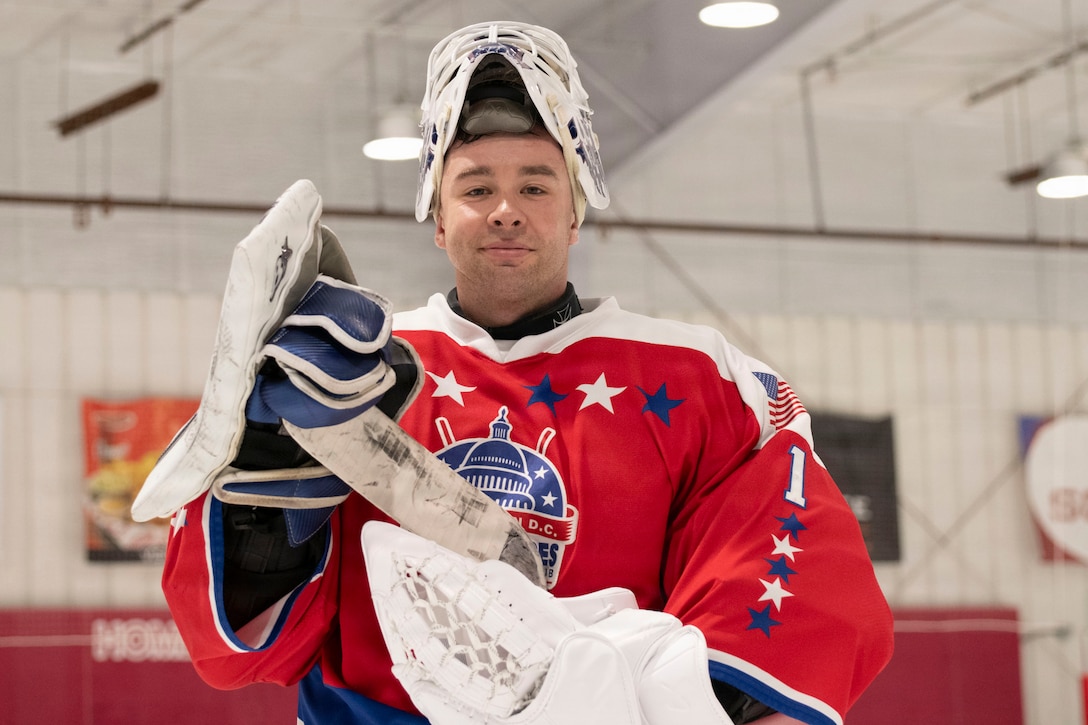 U.S. Air Force 1st Lt. Stanislav V. Barilov, 316th Security Forces Group executive officer, stands in the rink at Piney Orchard Ice Arena in Odenton, Maryland, June 27, 2026.