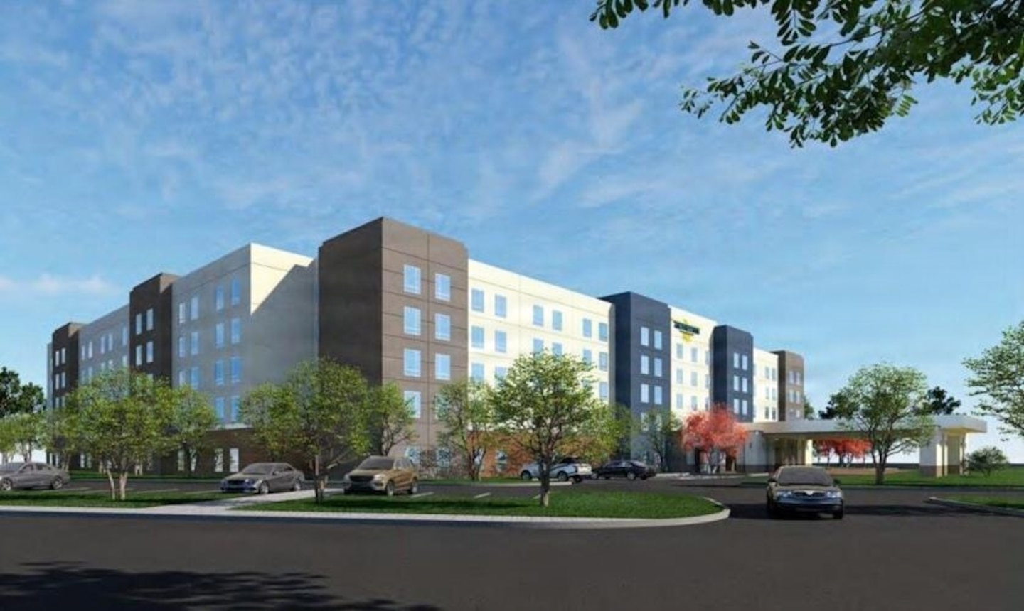 Artist's rendering depicts the exterior design of the modernized, five-story visiting quarters at Wright-Patterson Air Force Base, Ohio, June 11, 2026. The facility, sponsored by Air Force Services, was designed to provide standardized, comfortable accommodations for traveling service members while consolidating base lodging operations.