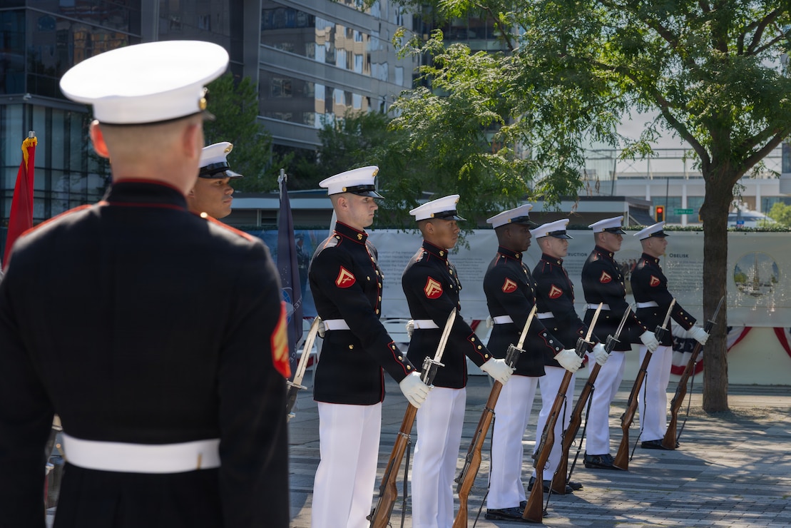 The U.S. Marine Corps Silent Drill Platoon perform “rifle inspections” following a wreath-laying ceremony as part of SAIL250 Boston in Downtown Boston, Massachusetts, July 13, 2026. SAIL250 Boston celebrates America’s maritime heritage and the nation’s 250th anniversary by bringing together U.S. and international ships, Marines, Sailors, and community partners throughout the city. (U.S. Marine Corps photo by Lance Cpl. Michael Robinson)