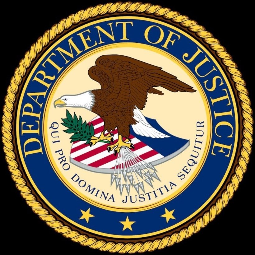Department of Justice seal with an eagle standing on top of a shield with red and white stripes, 3 gold stars.