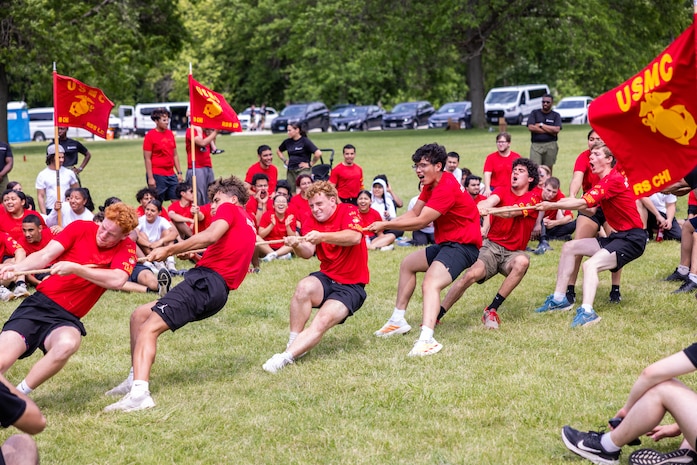 U.S. Marine Corps poolees with Recruiting Station Chicago, compete in tug-of-war during a pool function at the Ned Brown Forest Preserve in Rolling Meadows, Illinois, June 13, 2026. The pool function provided an opportunity for future Marines to build camaraderie and prepare for recruit training by competing in athletic competitions and attending military classes. (U.S. Marine Corps photo by Cpl. Maxwell Cook)