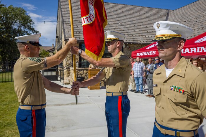 U.S. Marines with Recruiting Station Salt Lake City, 9th Marine Corps District, participate in a change of command ceremony at Camp Williams, Salt Lake City, Utah, June 19, 2026. The ceremony signifies the transfer of authority, accountability and leadership from the off-going commanding officer to the oncoming commanding officer. (U.S. Marine Corps photo by Cpl. Joseph E. DeMarcus)