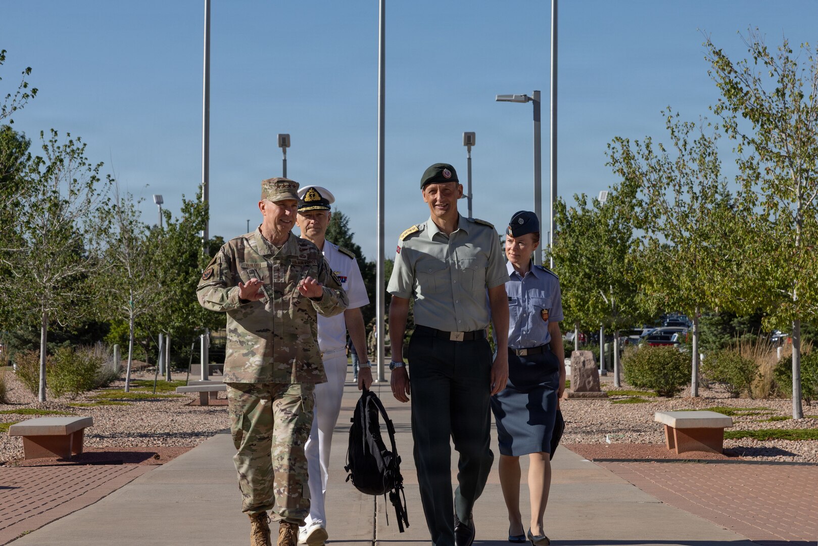 General Gregory Guillot, commander, North American Aerospace Defense Command and U.S. Northern Command, welcomes General Eirik Kristoffersen, Norwegian Chief of Defence, to the command’s headquarters building in Colorado Springs, Colorado, July 14, 2026. General Kristoffersen visited NORAD and USNORTHCOM to discuss opportunities for arctic and High North collaboration. (U.S. Department of War photo by MSgt Tabitha M. Lee)