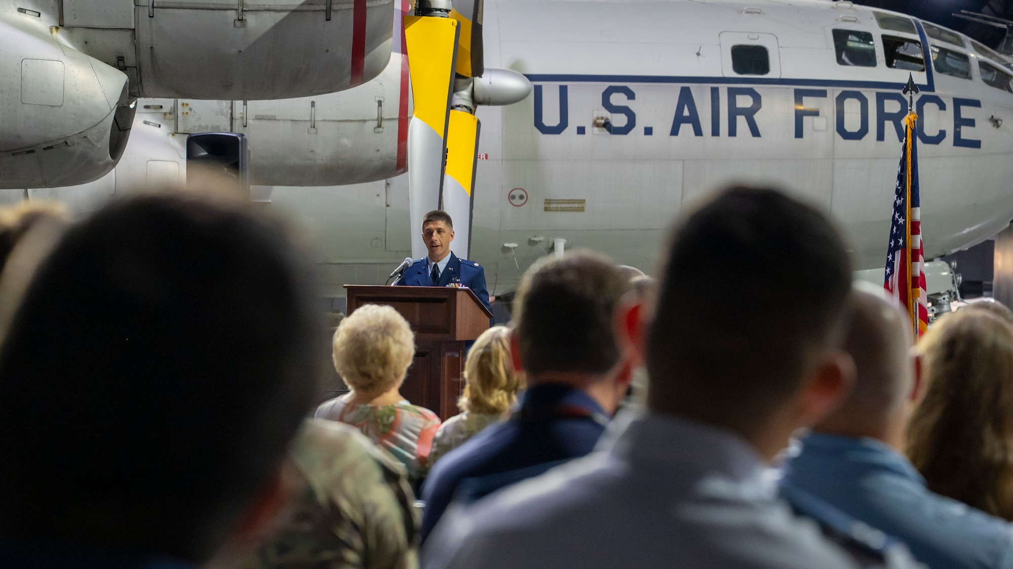Lt. Col. Jasen Little gives his initial remarks to the squadron during change of command ceremony.