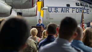 Lt. Col. Jasen Little gives his initial remarks to the squadron during change of command ceremony.