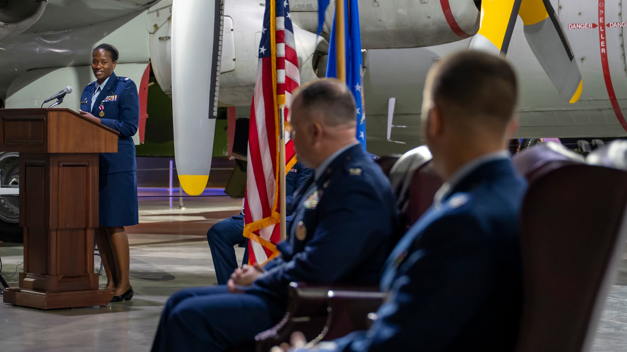 Lt. Col. Reyna DeHenre gives her final remarks as commander during a change of command ceremony.