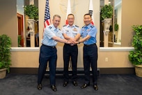 Chairman of the Joint Chief of Staff Gen. Dan Caine, Chief of Staff of the Japan Joint Staff Gen. Uchikura Hiroaki and Republic of Korea Chairman of Joint Chiefs of Staff Gen. Jin Yong-Sung pose for a photo prior to a trilateral meeting at the Pentagon, July 15, 2026. (DoW photo by Chief Mass Communication Specialist James Mullen)