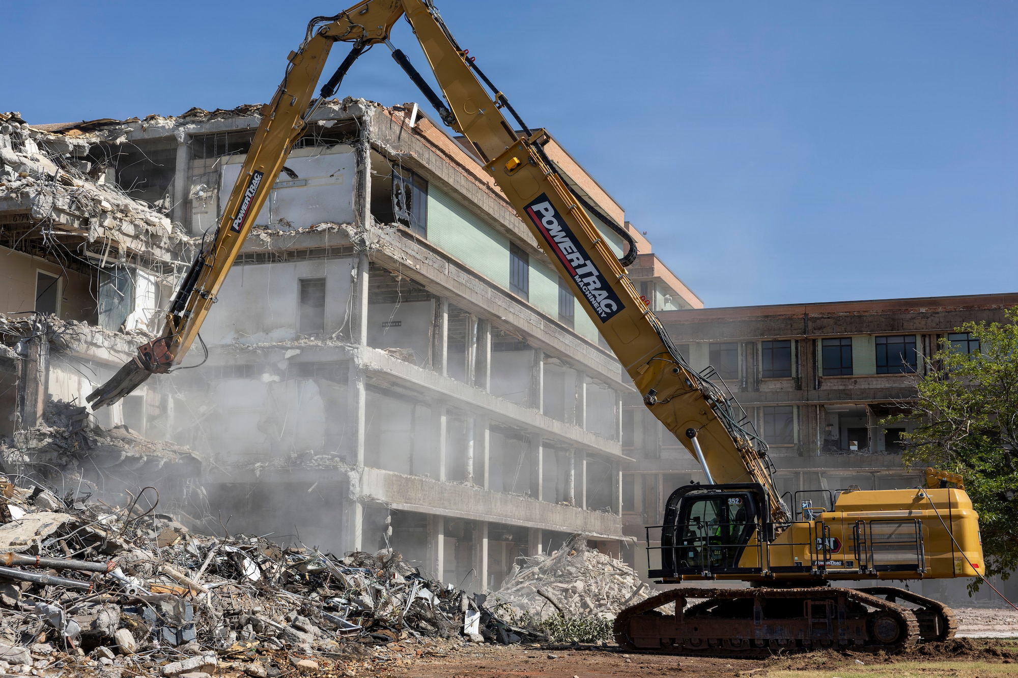 Heavy equipment dismantles the former United States Air Force Regional Hospital Sheppard Air Force Base at Sheppard AFB, Texas, July 15, 2026.