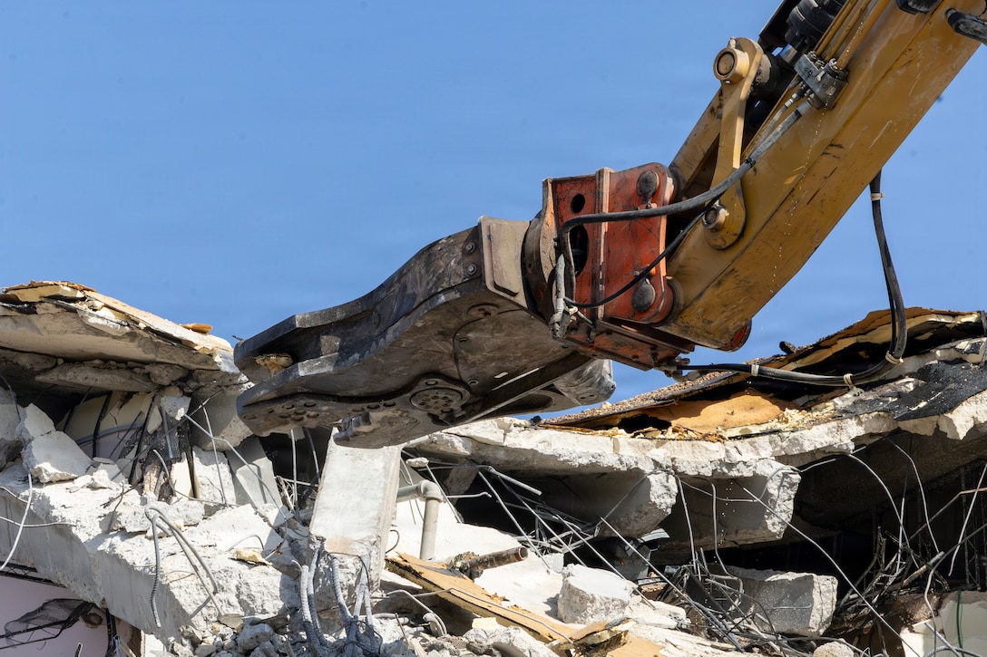 Heavy equipment demolishes the former United States Air Force Regional Hospital Sheppard Air Force Base at Sheppard AFB, Texas, July 15, 2026.