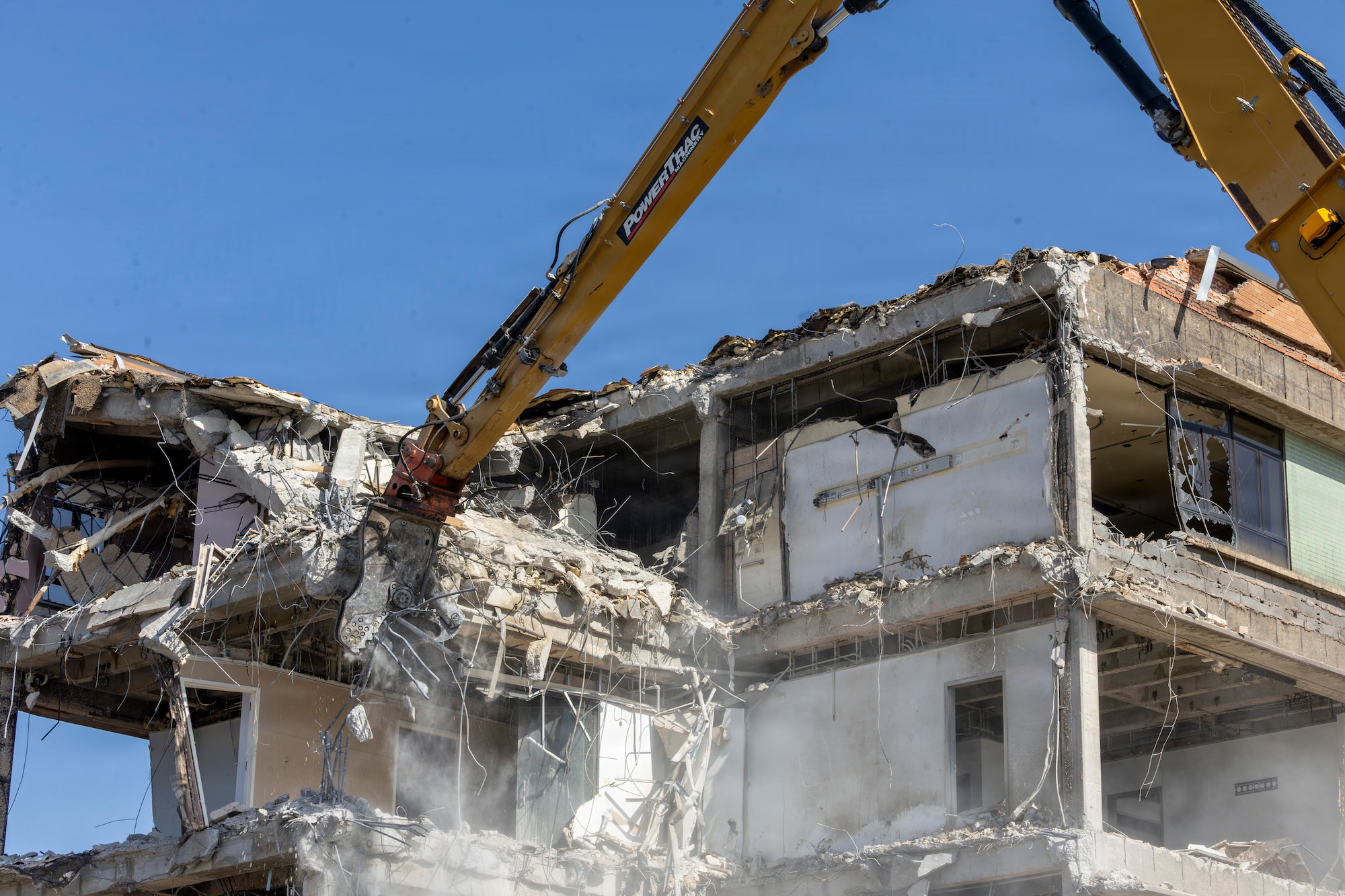 Heavy equipment removes sections of the former United States Air Force Regional Hospital Sheppard Air Force Base at Sheppard AFB, Texas, July 15, 2026.