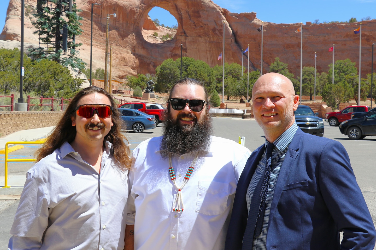 From left to right: Grant Adams, Chris Stanton and Joel Pliskin of the U.S. Army Corps of Engineers Los Angeles District’s Silver Jackets planning team, pose for a picture beneath Window Rock June 1 in Window Rock, Arizona. The Silver Jackets Program brings together local, tribal, state and federal agencies to collaboratively address flood risks and other natural hazards.