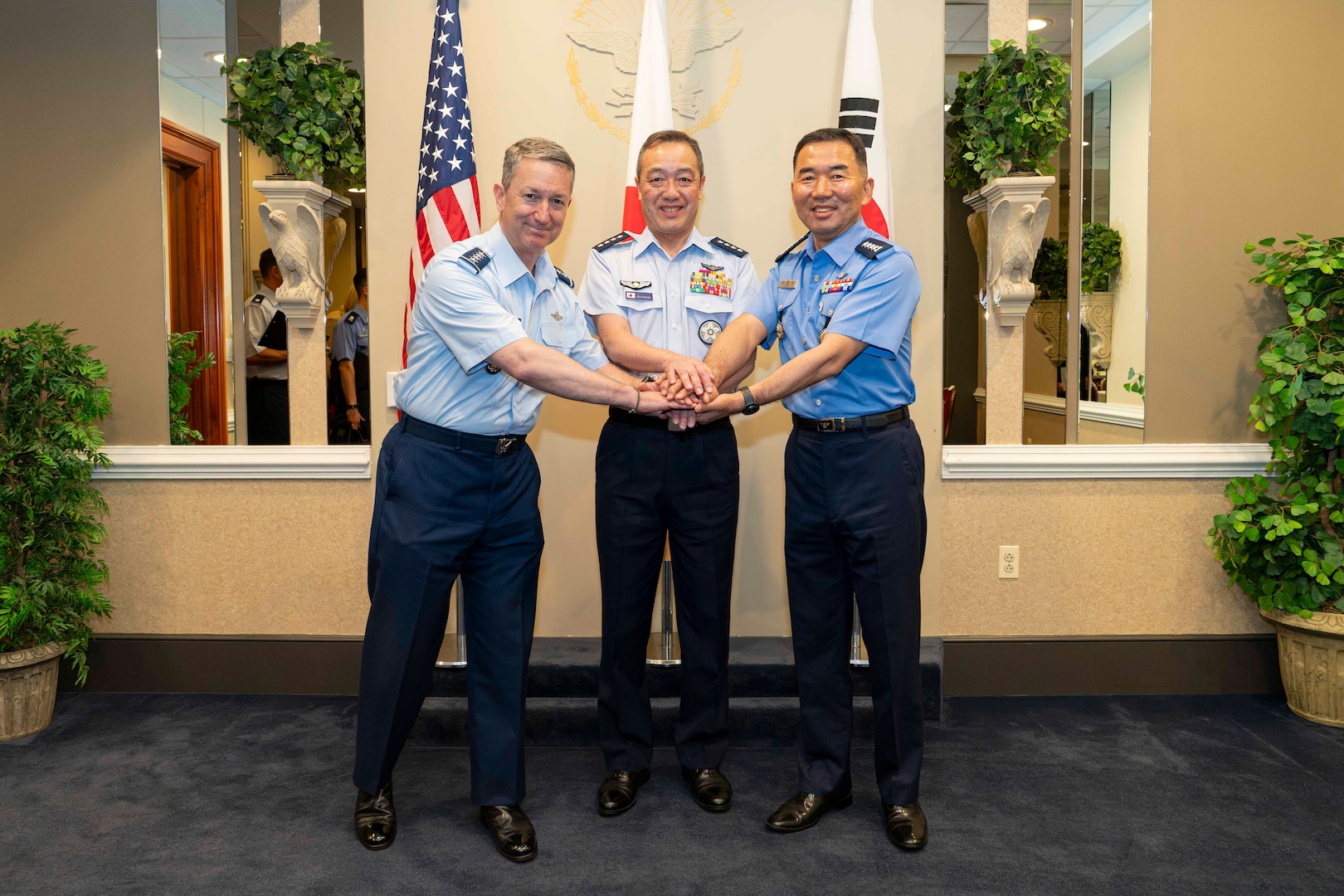 Chairman of the Joint Chief of Staff Gen. Dan Caine, Chief of Staff of the Japan Joint Staff Gen. Uchikura Hiroaki and Republic of Korea Chairman of Joint Chiefs of Staff Gen. Jin Yong-Sung pose for a photo prior to a trilateral meeting at the Pentagon, July 15, 2026. (DoW photo by Chief Mass Communication Specialist James Mullen)